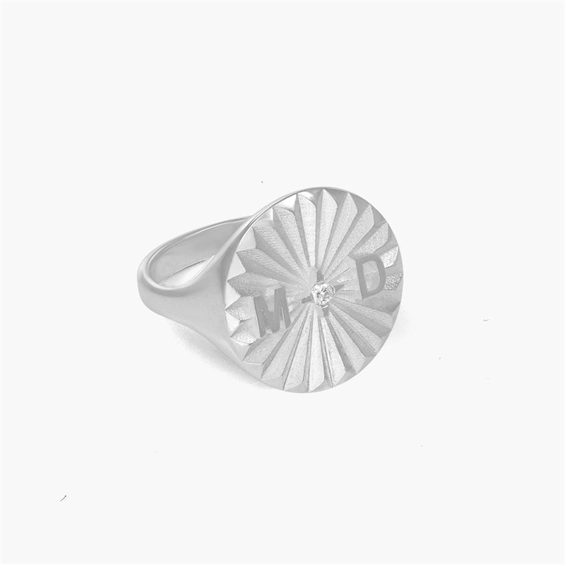 Custom make Tyra Initial Medallion Silver Ring with Diamond at JINGYING