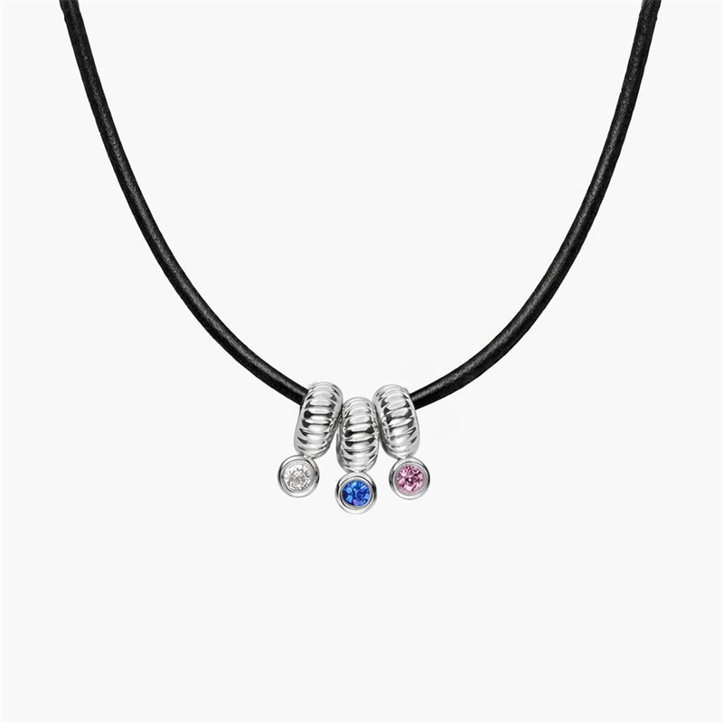 OEM ODM Service of Stacked Birthstone Beaded Leather Cord Silver Necklace at JINGYING