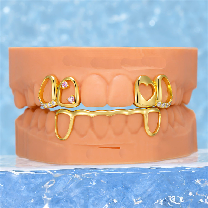 Open Face Grillz-Pink Stone & Gold Heart Open Grillz