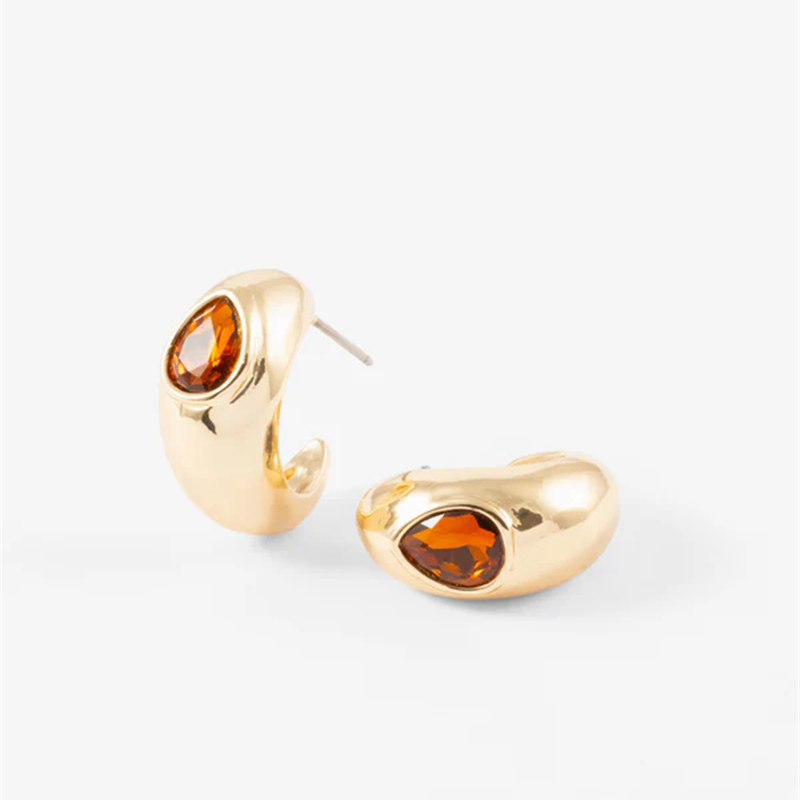 CUSTOM MAKE GOLD BROWN CRYSTAL C-SHAPED HOOP EARRING AT JINYING