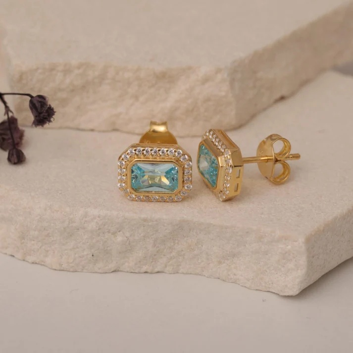 Custom OEM Service of Rectangle Aquamarine Bezel Stud Earrings in 10K/14K Solid