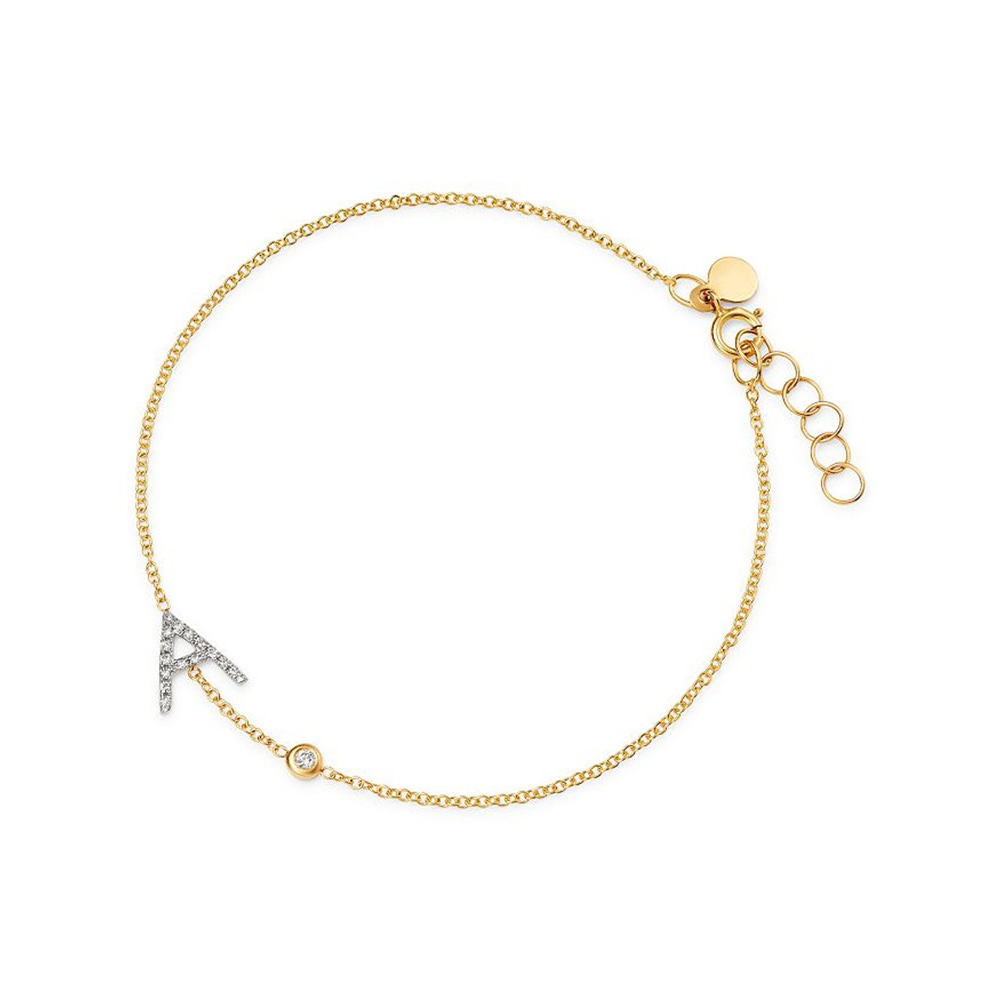 Bracelet initial et lunette en or jaune 14 carats Vermeil CZ fournisseur de bijoux OEM personnalisé
