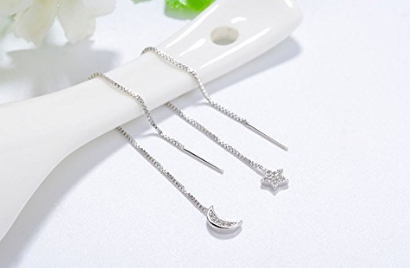 Custom wholesale S925 Silver Plated Cubic Zirconia irregular Moon and star Women Ear Line Threader Dangle Drop Earrings