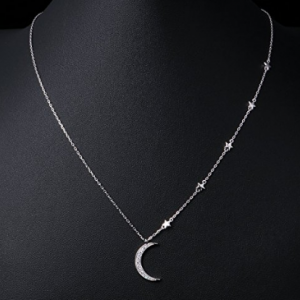 Colar com pingente CZ de joias de lua crescente e estrela em prata esterlina 925 personalizada no atacado, corrente Rolo, 18 + 2 ″
