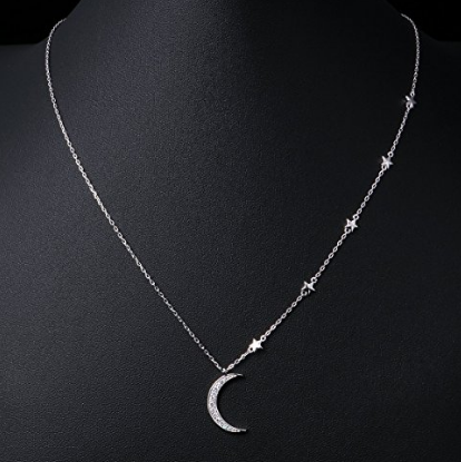 Anpassad grossist 925 Sterling Silver Crescent Moon and Star Smycken CZ hänge halsband, Rolo Chain, 18+2″