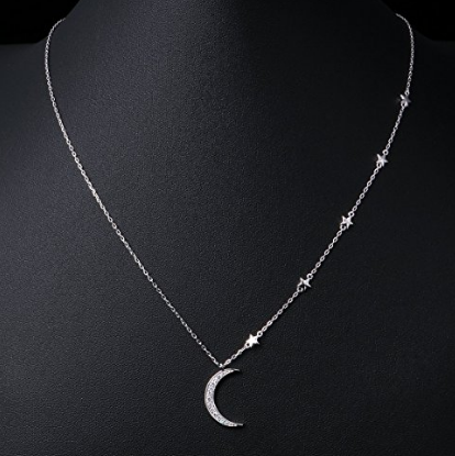 Kustom grosir 925 Sterling Silver Bulan Sabit dan Perhiasan Bintang Kalung Liontin CZ, Rantai Rolo, 18+2″