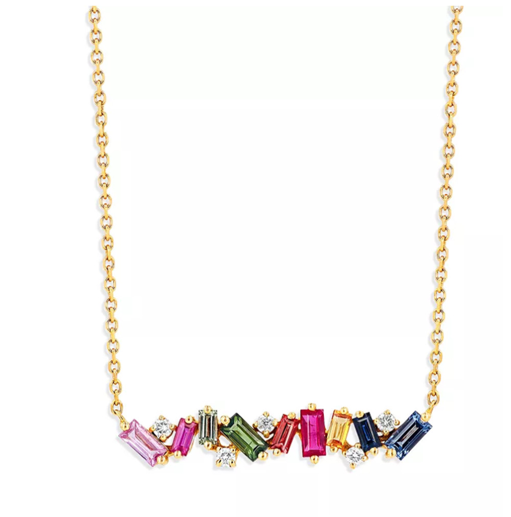 Collana con barra di fuochi d'artificio arcobaleno CZ personalizzata dal produttore di gioielli in oro giallo 18 carati