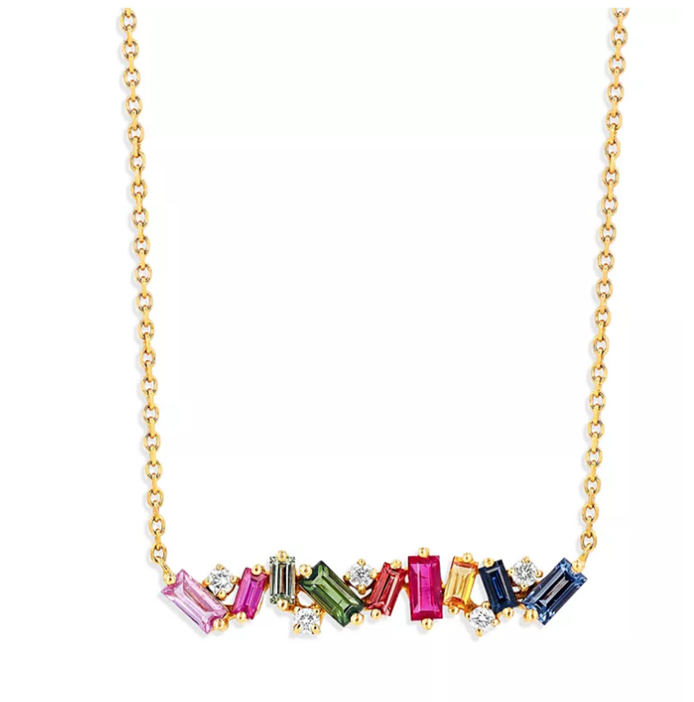 Collier de barre de feux d'artifice arc-en-ciel personnalisé par le fabricant de bijoux en vermeil en or jaune 18 carats