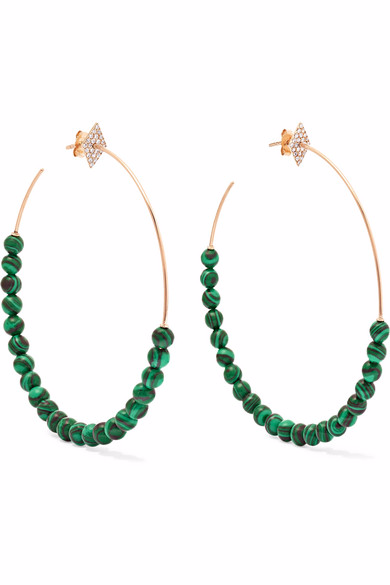 custom wholesale 18K rose gold, diamond and malachite hoop earrings