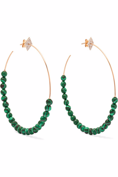 Boucles d'oreilles créoles personnalisées en or rose 18 carats, diamants et malachite, vente en gros