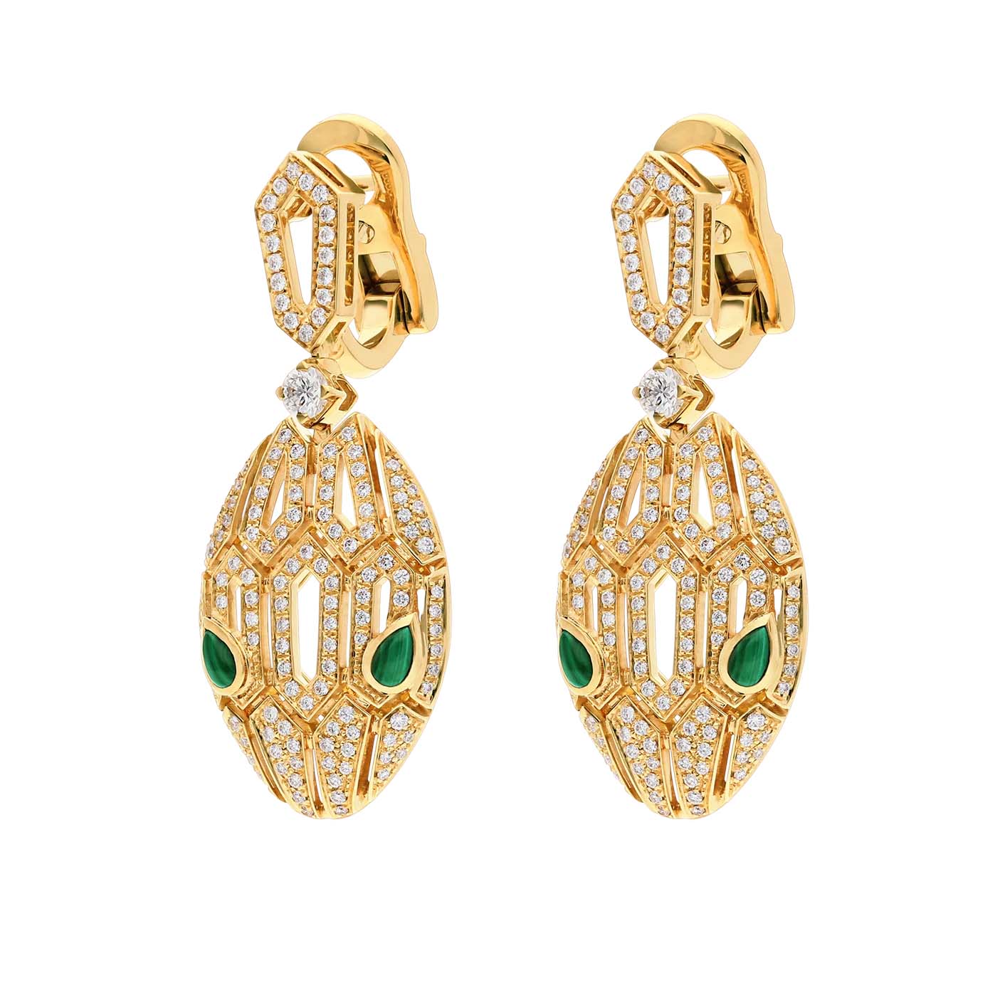 Wholesale 18k yellow gold OEM/ODM Jewelry earrings set with pavé diamonds and malachite eyes