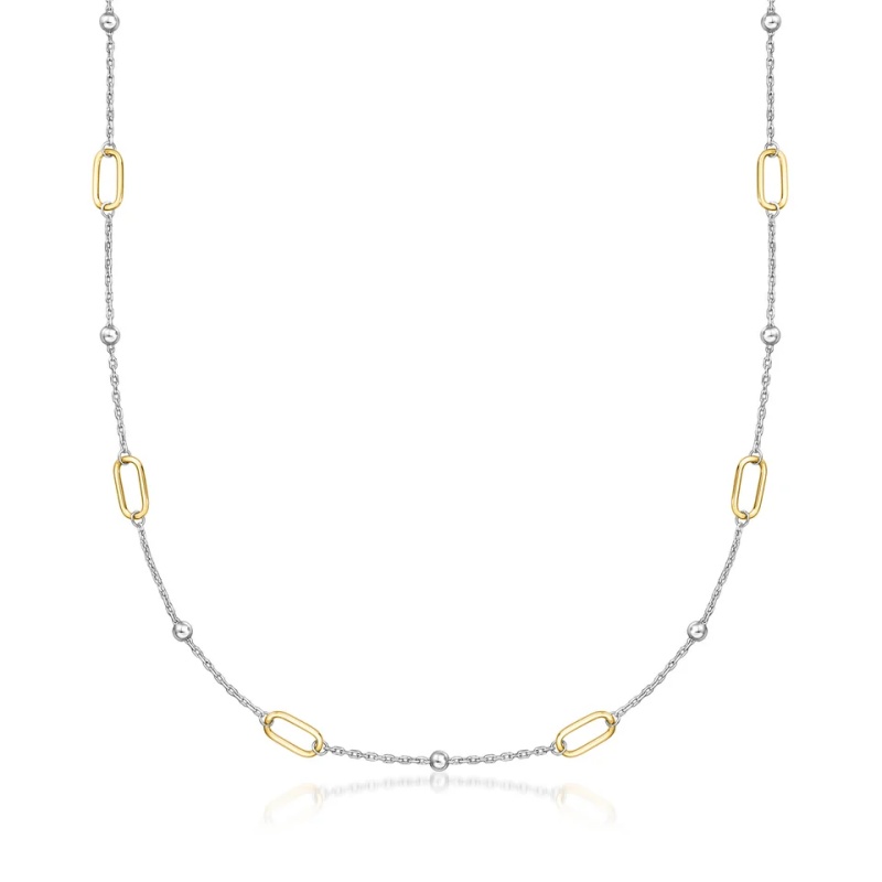 JINGYING : Custom Jewelry Manufacturing 18kt Gold Over Sterling and Sterling Silver Paper Clip Link Bead Station Necklace