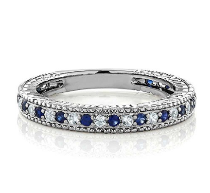 Fáinne Banna Bainise Comóradh Comóradh mBan Sterling Silver mórdhíola saincheaptha Sapphire Gorm Insamhladh agus Sapphire Cruthaithe Bán (0.48 Carat, Ar fáil i méid 5, 6, 7, 8, 9)