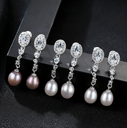Custom wholesale 925 Sterling Silver Crystal 8-9mm Freshwater Pearl Teardrop Bridal dangle Earrings Betrothal Jewels