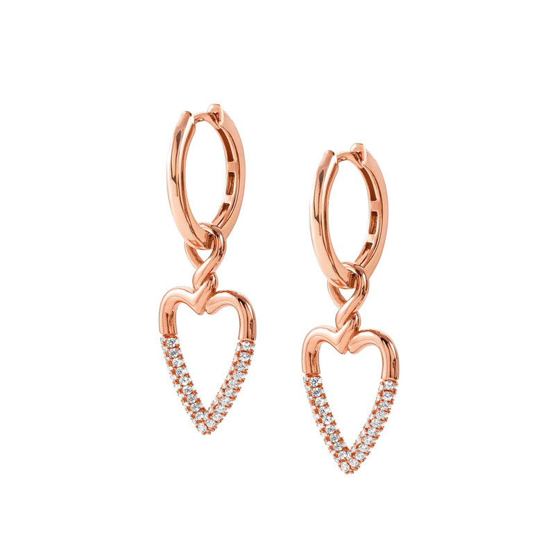 10K Rose Gold Womens Round CZ Heart Hoop Dangle Earrings OEM ODM Production