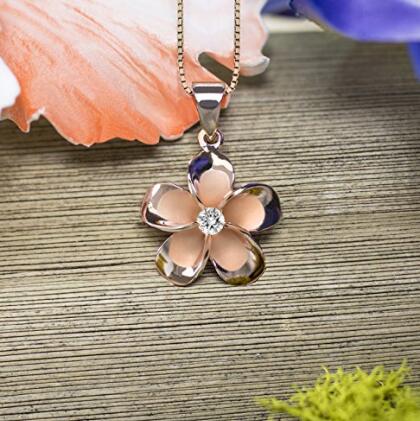 Custom wholesale 14k Rose Gold Plated Sterling Silver Plumeria CZ Necklace Pendant with 18″ Box Chain