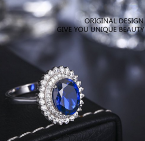 Custom wholesale Created Blue Sapphire Ring Vintage White Gold Plated Silver Jewelry for Women