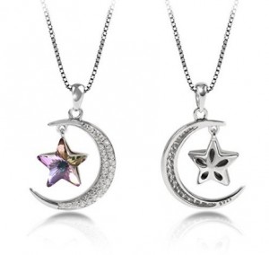 Custom wholesale Moon and Star Sterling Silver Necklace Made with Swarovski Crystal