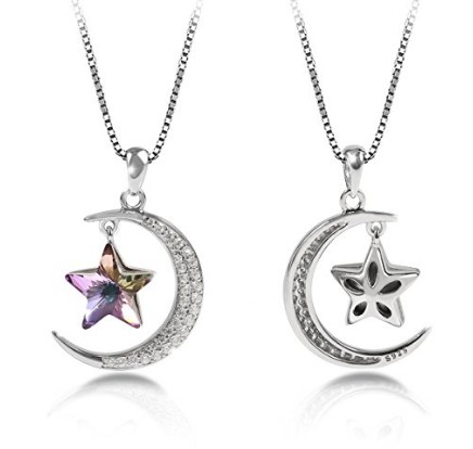 Colier de argint Sterling cu luna și stea personalizat, realizat cu cristale Swarovski