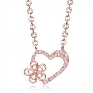 Custom factory of Rose-plated Sterling Silver Cubic Zirconia Heart And Flower Shape Necklace