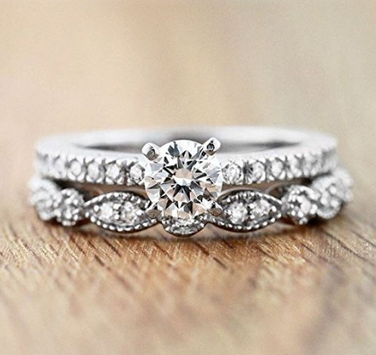 Milgrain Marquise & Round Cubic Zirconia Eternity Ring Stacking Infinity Wedding Band Sterling Silver Platium Plated or Rose Gold Plated Size 4-9