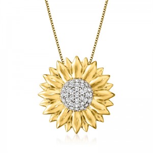 Japanese Client Custom 18K Gold Over Sterling Silver White Topaz Sunflower Pendant Necklace