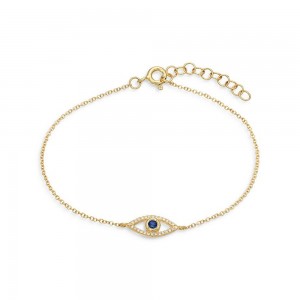 Joyería personalizada, pulsera Vermeil CZ de oro amarillo de 14K y pulsera de mal de ojo de zafiro azul al por mayor