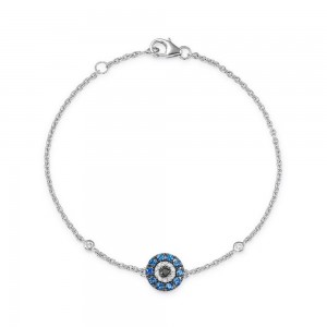 Pulseira de prata esterlina 925 por atacado da China com design personalizado azul e branco Cz Evil Eye banhado a ouro branco 14k