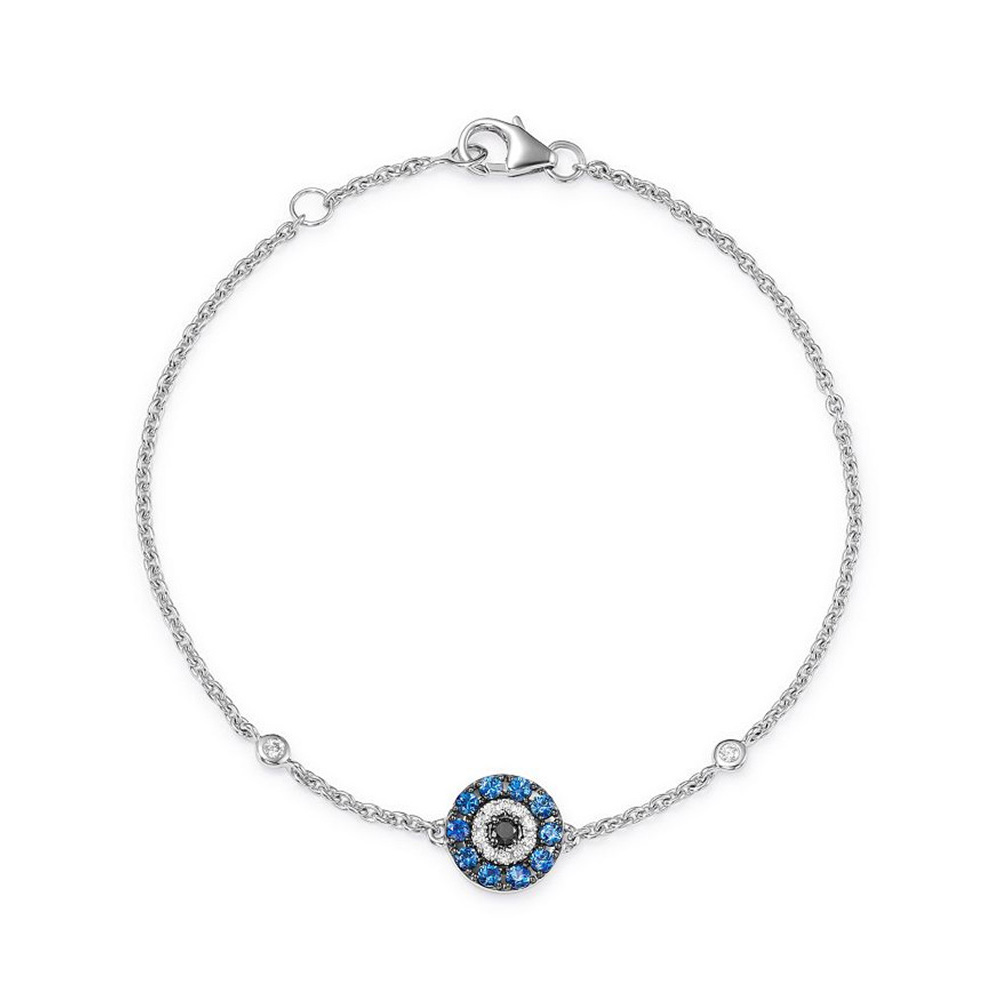 925 Sterling Silver Wholesale China Custom Design Blue And White Cz Evil Eye Bracelet In 14k White Gold Plated