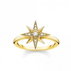Produttore di gioielli in argento sterling 925 Creazione di etichette di gioielli su anelli con stella in oro giallo e zirconi bianchi GROSSISTA