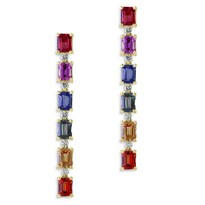 Produttore di gioielli in argento 925 orecchini pendenti personalizzati con zaffiri arcobaleno e diamanti in oro giallo 14 carati vermeil