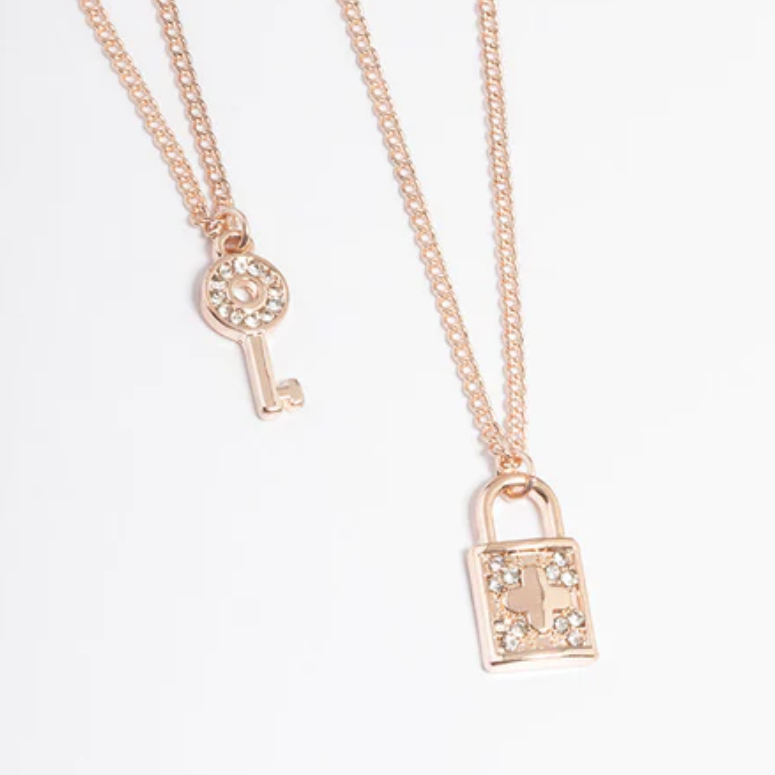 Creating custom jewellery Rose Gold Plated CZ Lock and Key Necklace 2-Pack