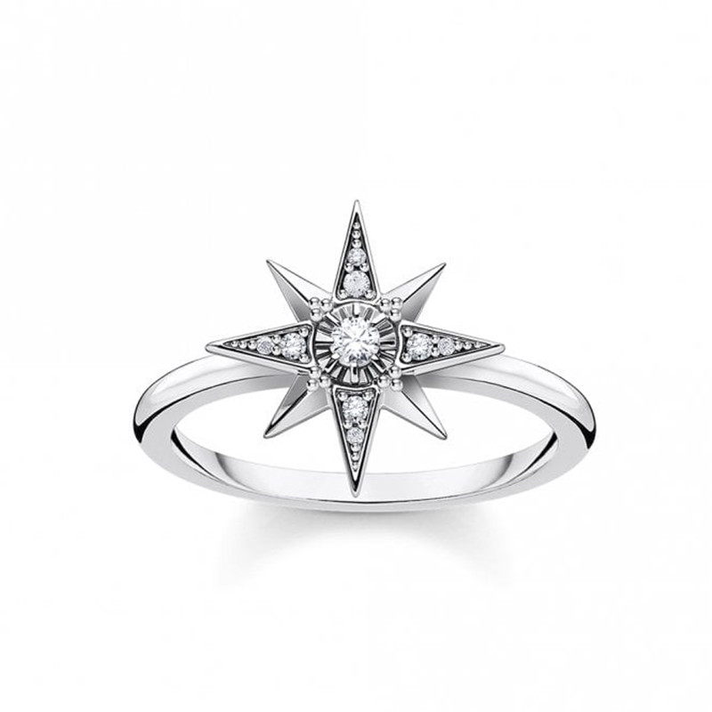 Skapar anpassade smycken leverantör OEM rodiumpläterade Silver & White Zirconia Star Ring grossist