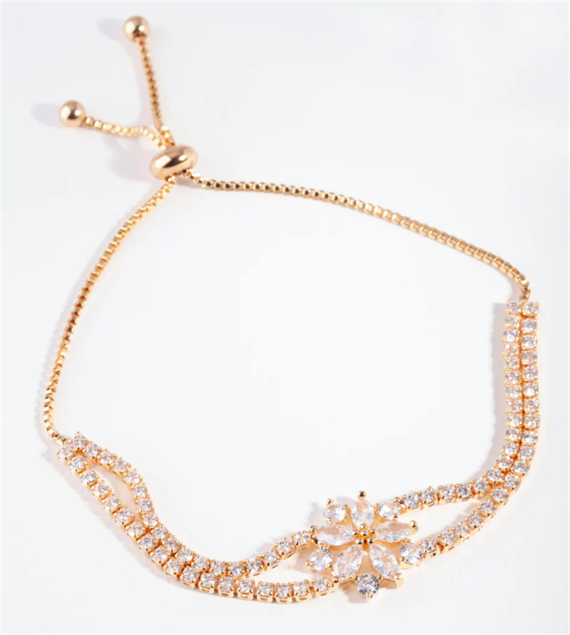 Custom 18k gold bracelet suppliers  Gold Cubic Zirconia Cupchain Flower Toggle Bracelet