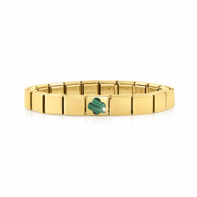 Bracelet Comhdhéanta 18k órphlátáilte saincheaptha, bailchríoch órga, Malachite Siombail