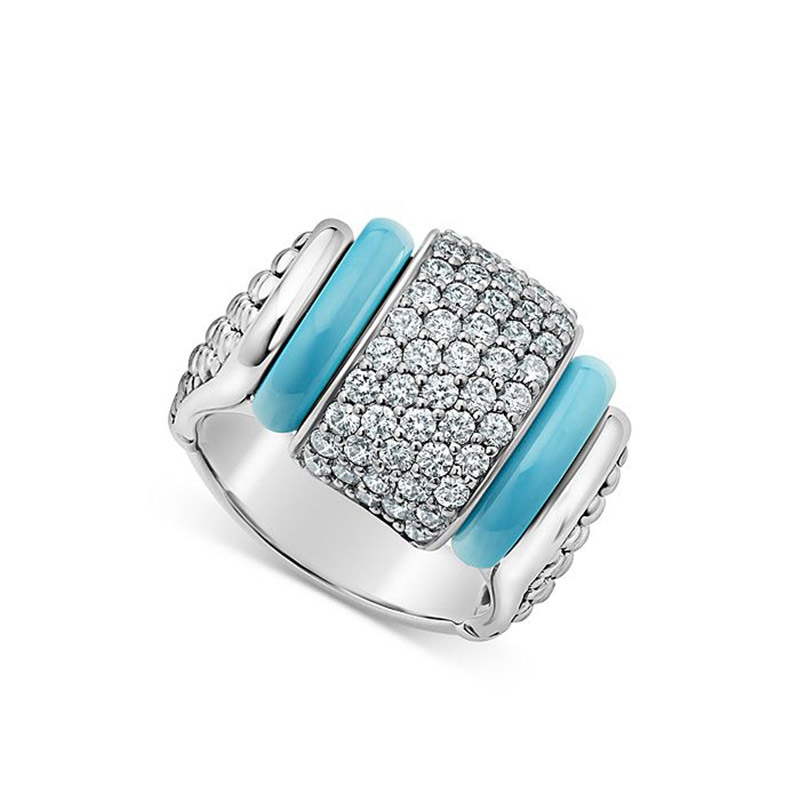 Custom Blue Caviar & CZ Sterling Silver Statement Ring in 18k white gold plated silver 925