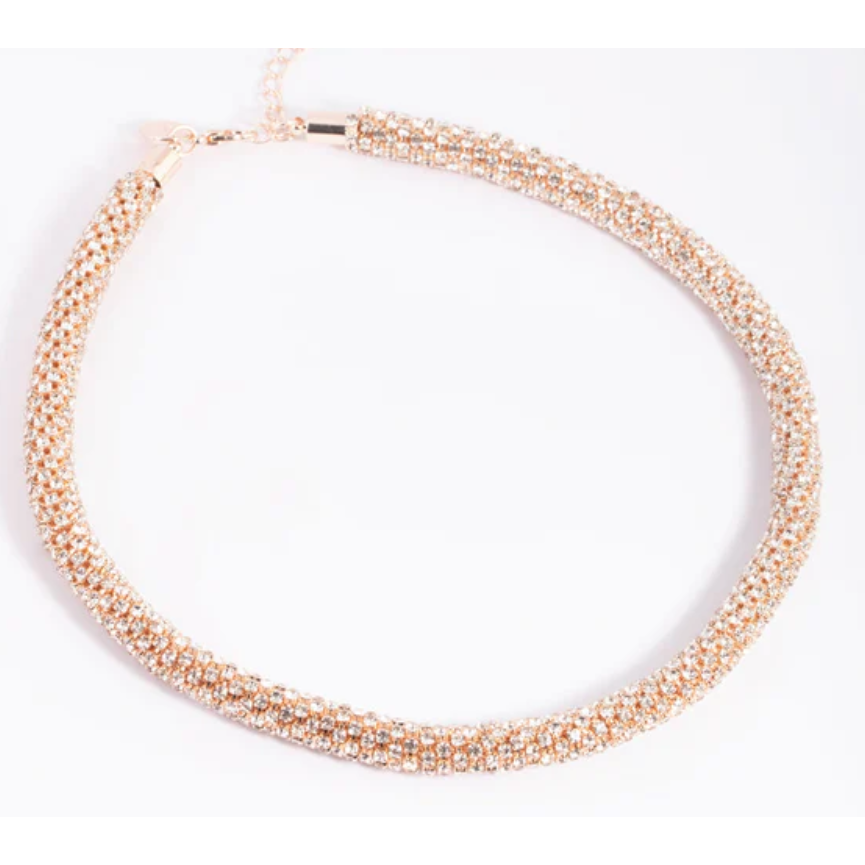 Custom Designed Jewellery Rose Gold Plated Diamante Tube Necklace