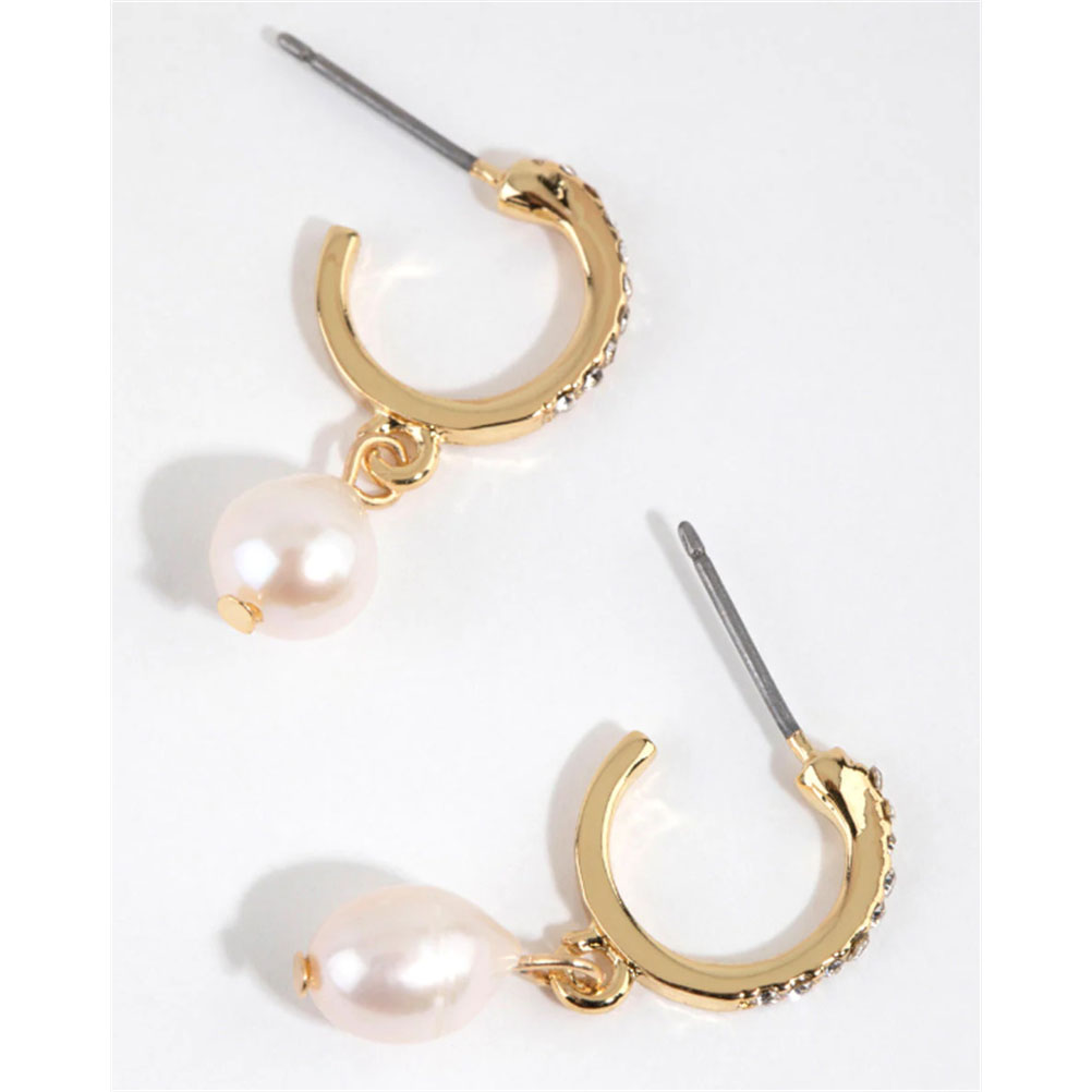 Custom Gold Plated Diamante and Pearl Huggie Earrings gold filled jewelry wholesale