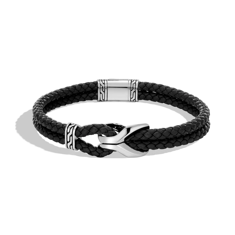 Kundenspezifisches Herren-Kettengliederarmband aus schwarzem Leder und Sterlingsilber OEM