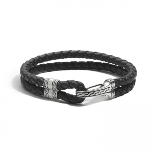 Bracciale con chiusura a gancio a catena classica da uomo personalizzato all'ingrosso Bracciale in pelle nera OEM / ODM Gioielli in argento sterling 925 all'ingrosso gioielli placcati in rodio