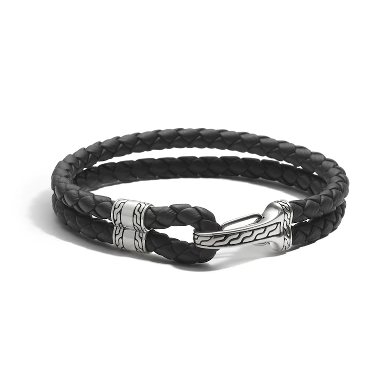 Custom Men’s Classic Chain Hook Clasp Bracelet Black Leather 925 Sterling Silver wholesale rhodium plated jewelry