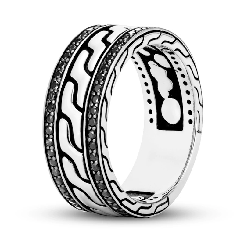 Fabbrica OEM di gioielli in argento sterling con zaffiro nero con anello a catena classico da uomo personalizzato all'ingrosso