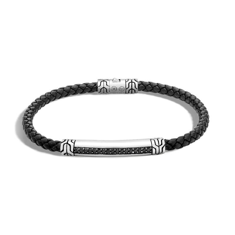 Custom Men’s Classic Chain Station Bracelet Natural Black Sapphire Leather Sterling Silver OEM jewelry