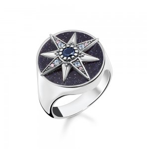 Maßgeschneiderter Men'sJewelry Cosmic Star Siegelring aus Silber und mehrfarbigen Steinen