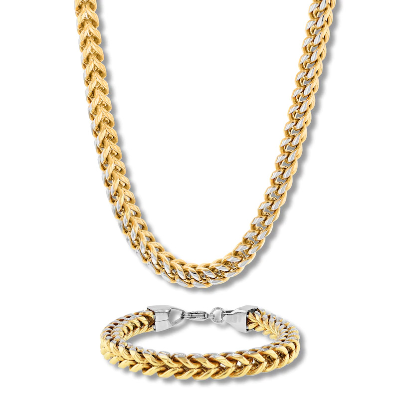 Ensemble de bracelets et colliers en chaîne Franco pour hommes, OEM personnalisés, en acier inoxydable bicolore, provenant d'un grossiste en bijoux