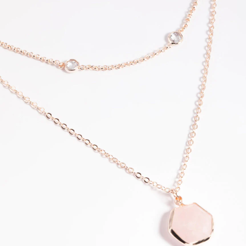 Custom Rose Gold Plated Cubic Zirconia and Quartz Layered Necklace with dipping jewelry in rose gold