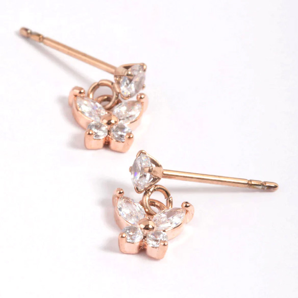 Custom cubic zirconia jewelry manufacturer Rose Gold Plated CZ  Butterfly Stud Earrings