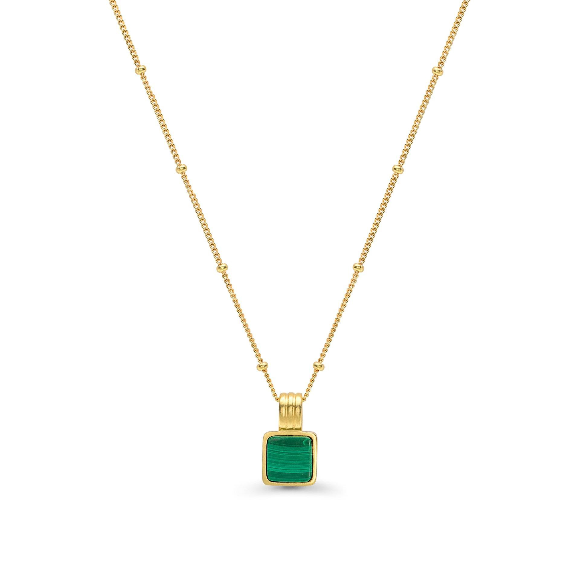 Gioielli OEM / ODM all'ingrosso Design personalizzato Pietra preziosa di malachite incastonata in pendente vermeil in oro 18 ct su catena 20 anni in gioielli OEM