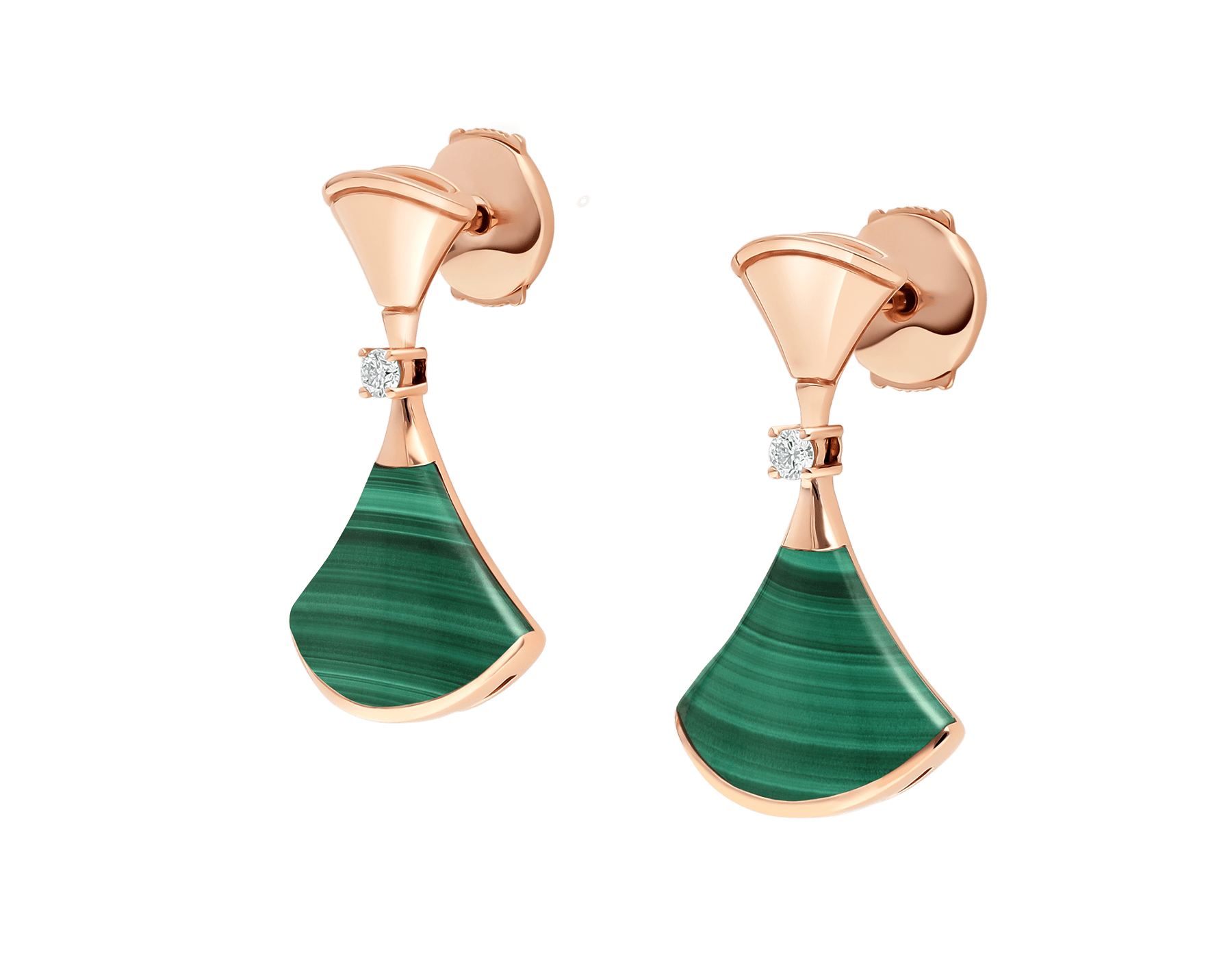 Orecchini ODM OEM in oro rosa 18 kt dal design personalizzato all'ingrosso con elementi in malachite e diamanti rotondi taglio brillante Gioielli OEM/ODM