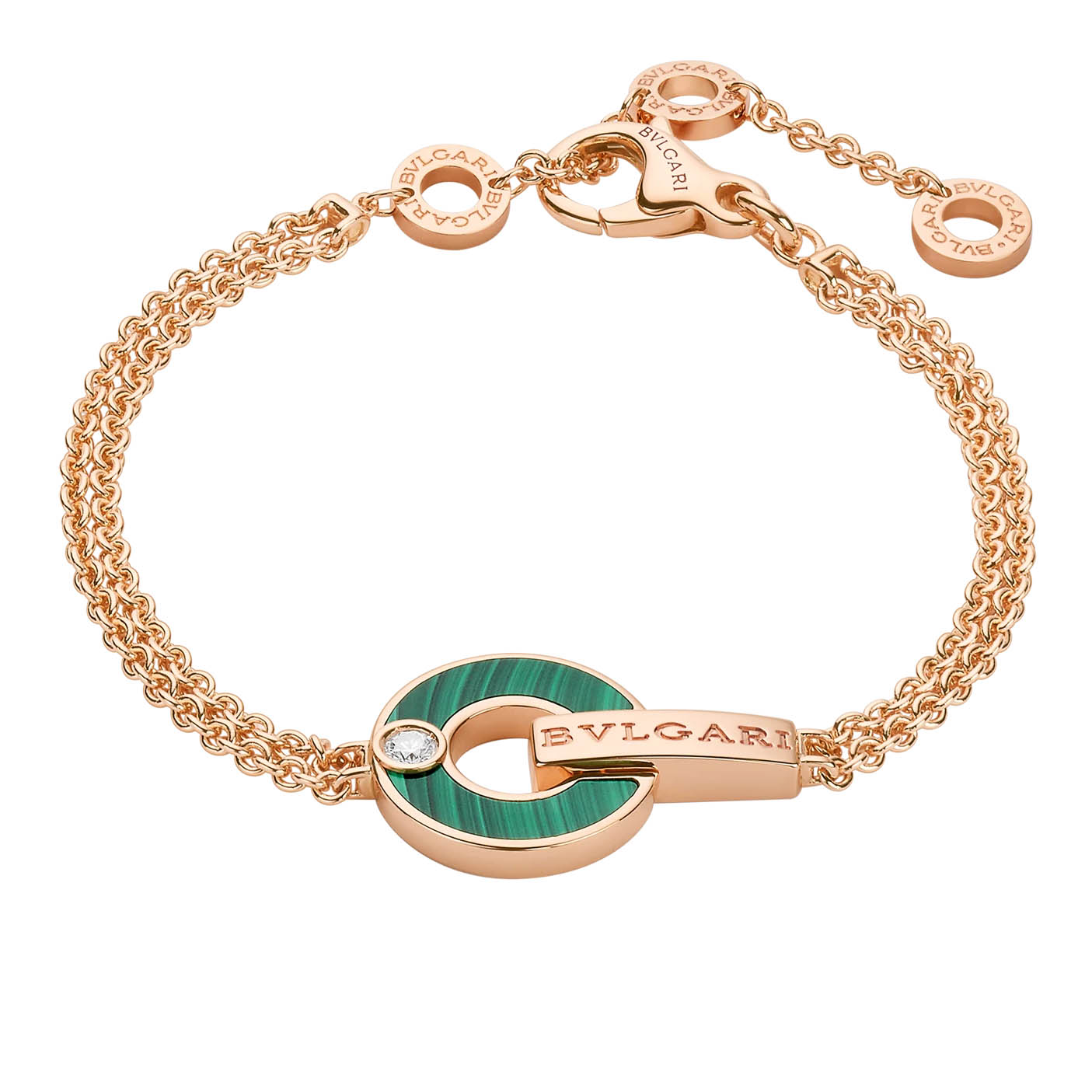 Design personalizzato all'ingrosso Openwork 18 kt rosa OEM / ODM Bracciale in oro con gioielli con elementi in malachite e un servizio di gioielleria OEM con diamante rotondo taglio brillante